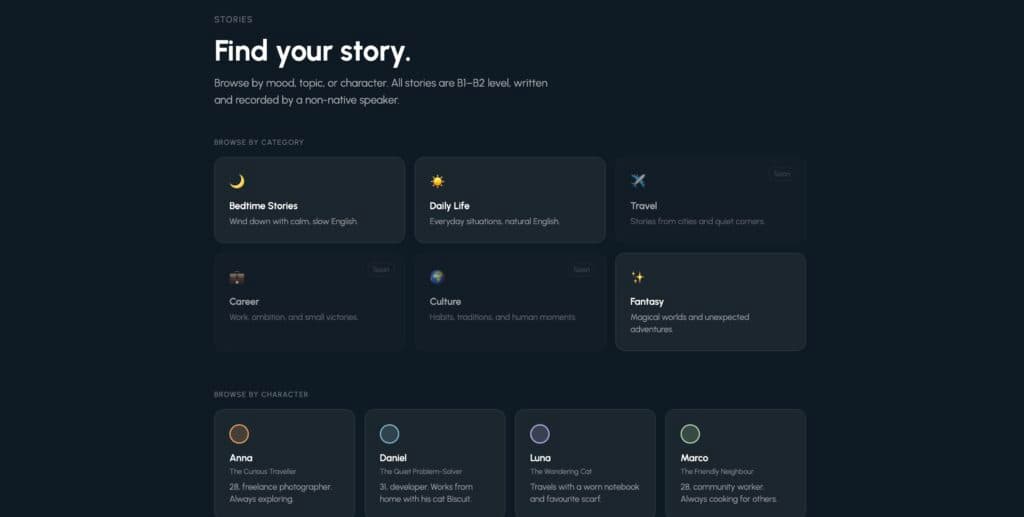 The stories page on studybrew.co, listing story categories and the three shows